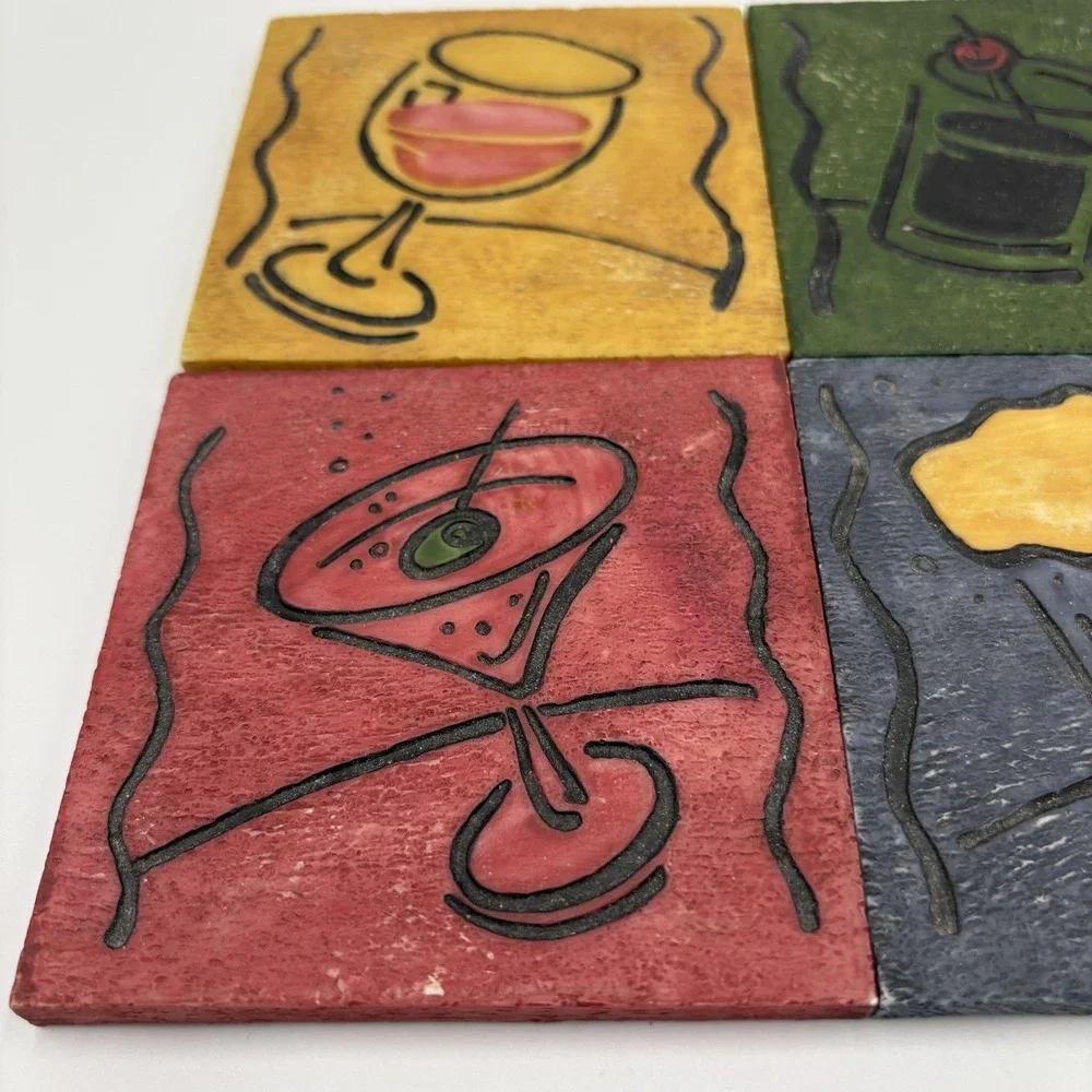 Thirsty Stone Coaster Set/4 Wine Beer Martini Cocktail Theme Colorful Happy Hour